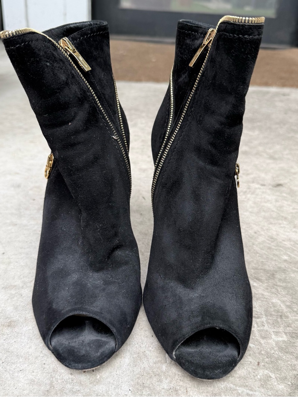 Salvatore Ferragamo Black Suede Peep-Toe Ankle Boots with Gold Zipper